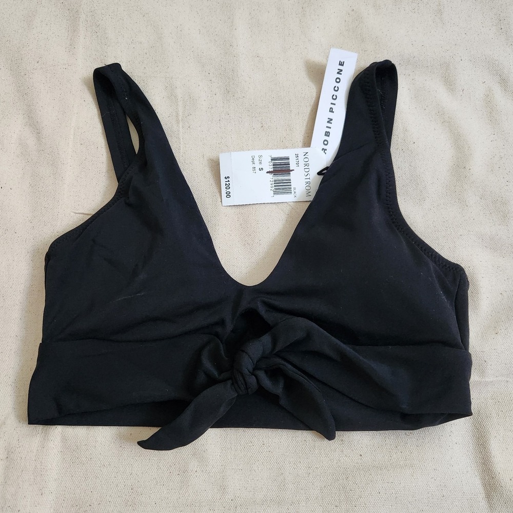 NEW $120 Robin Piccone Ava Knot Front Bikini Top Black S Small Bralette NWT
